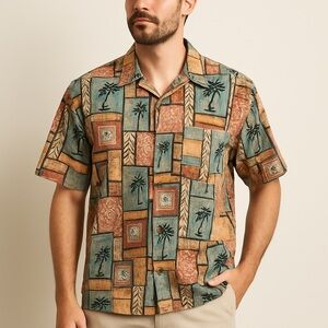 Cooke Street tropical cotton relaxed patchwork palm aloha shirt L multicolor